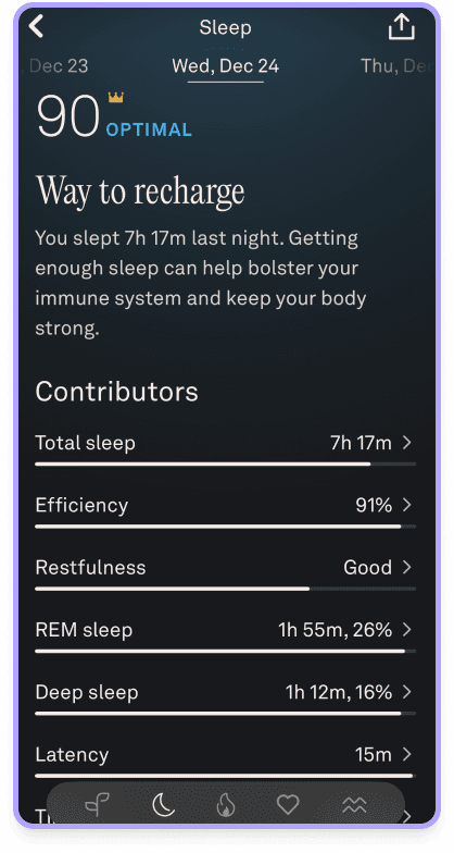 WHOOP sleep screen the next night: 90 Optimal, 7h 17m total sleep, 1h 55m of REM